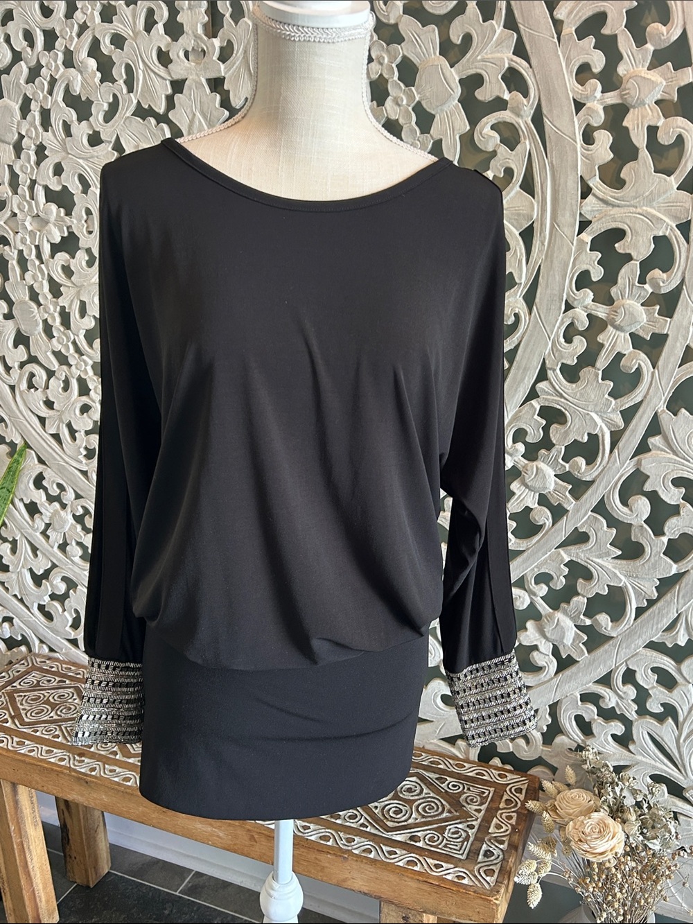 Moda International Black Mini Dress with Beaded Cuffs